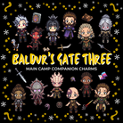Promotional graphic for LitPins&Co's Baldur's Gate Three shaker keychains, featuring pixel artwork of characters from the game with decorative elements on a black background.