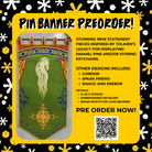 Promotional graphic for the LitPins Middle Earth inspired pin banner designs. The graphic details that Rohan, Gondor, Speak Friend and Smaug are avaliable to preorder. Features the image of the Rohan pin banner sample. 