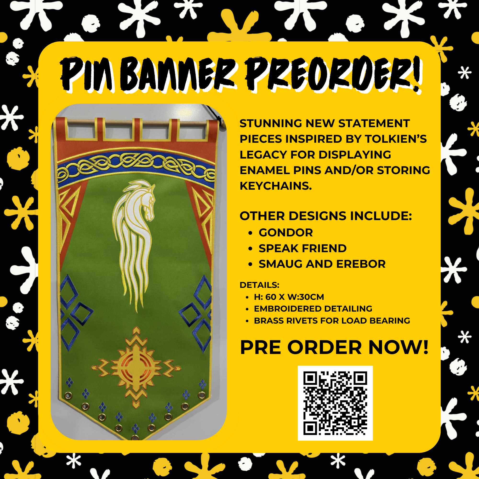 Promotional graphic for the LitPins Middle Earth inspired pin banner designs. The graphic details that Rohan, Gondor, Speak Friend and Smaug are avaliable to preorder. Features the image of the Rohan pin banner sample. 