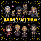 Promotional graphic for LitPins&Co Baldur's Gate shaker keychain charms, featuring pixel art of the characters on a black background.