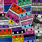 A dense collage of colourful stickers featuring the words 'READ GAY DO CRIME' in bold lettering. The stickers are shaped like stacks of books and are coloured in the colours of various pride flags.