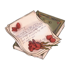 Book sticker inspired by the romance genre, featuring a book of poetry, a love letter, and some flowers.
