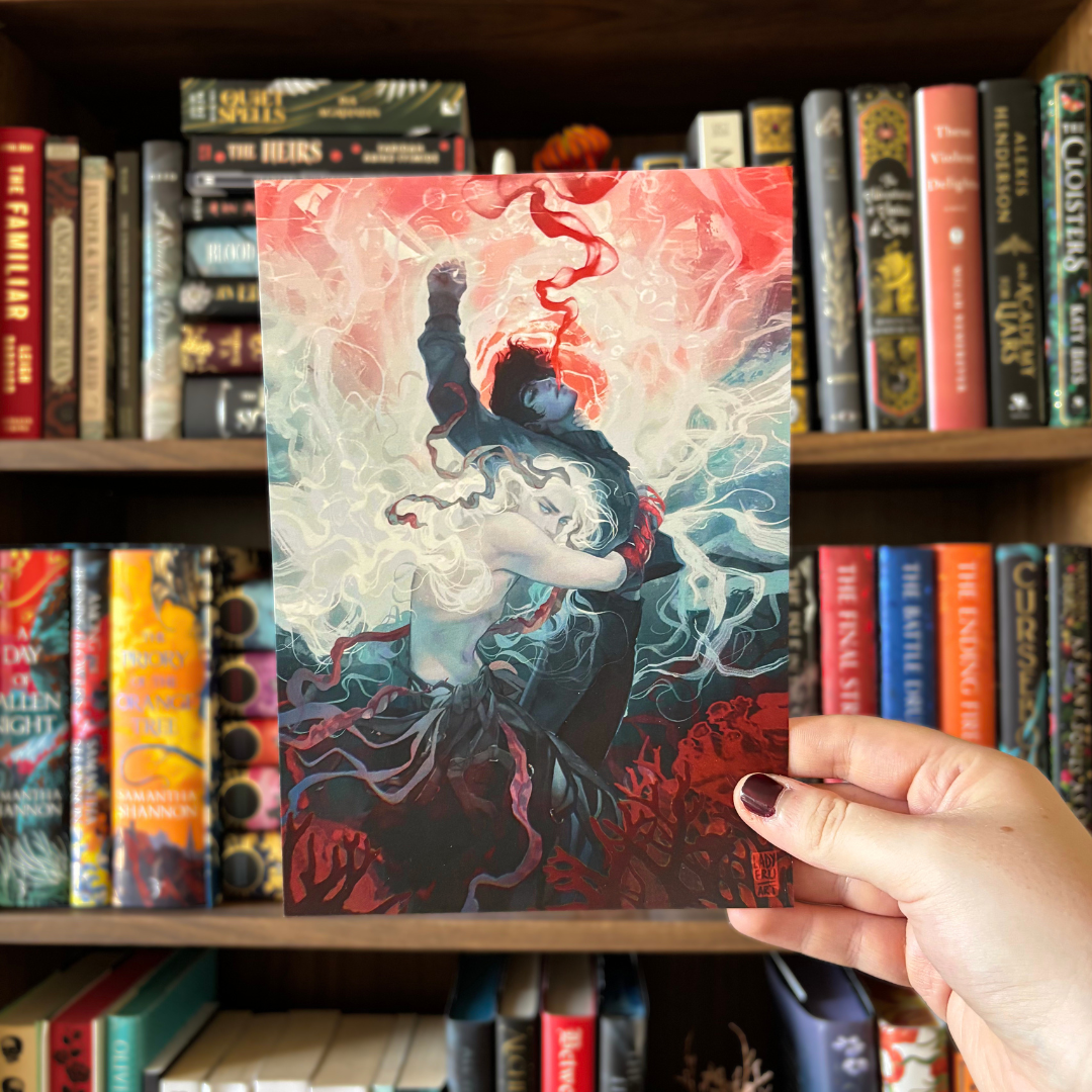 Officially licensed art print featuring the main characters of Scorpion Deep by CG Drews. The two characters are pictured in a dramatic underwater embrace, with one trying to pull the other down to the depths.