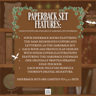 Promotional graphic for LitPins&Co's special edition set of the Tomes and Tea series with text detailing the specifications of the paperback set placed against a brown bookshelf background