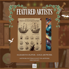 Promotional graphic for LitPins&Co's special edition set of the Tomes and Tea series showcasing the work of edge artist Elizabeth Oliver. Artwork by Elizabeth is pictured against a brown bookshelf background.