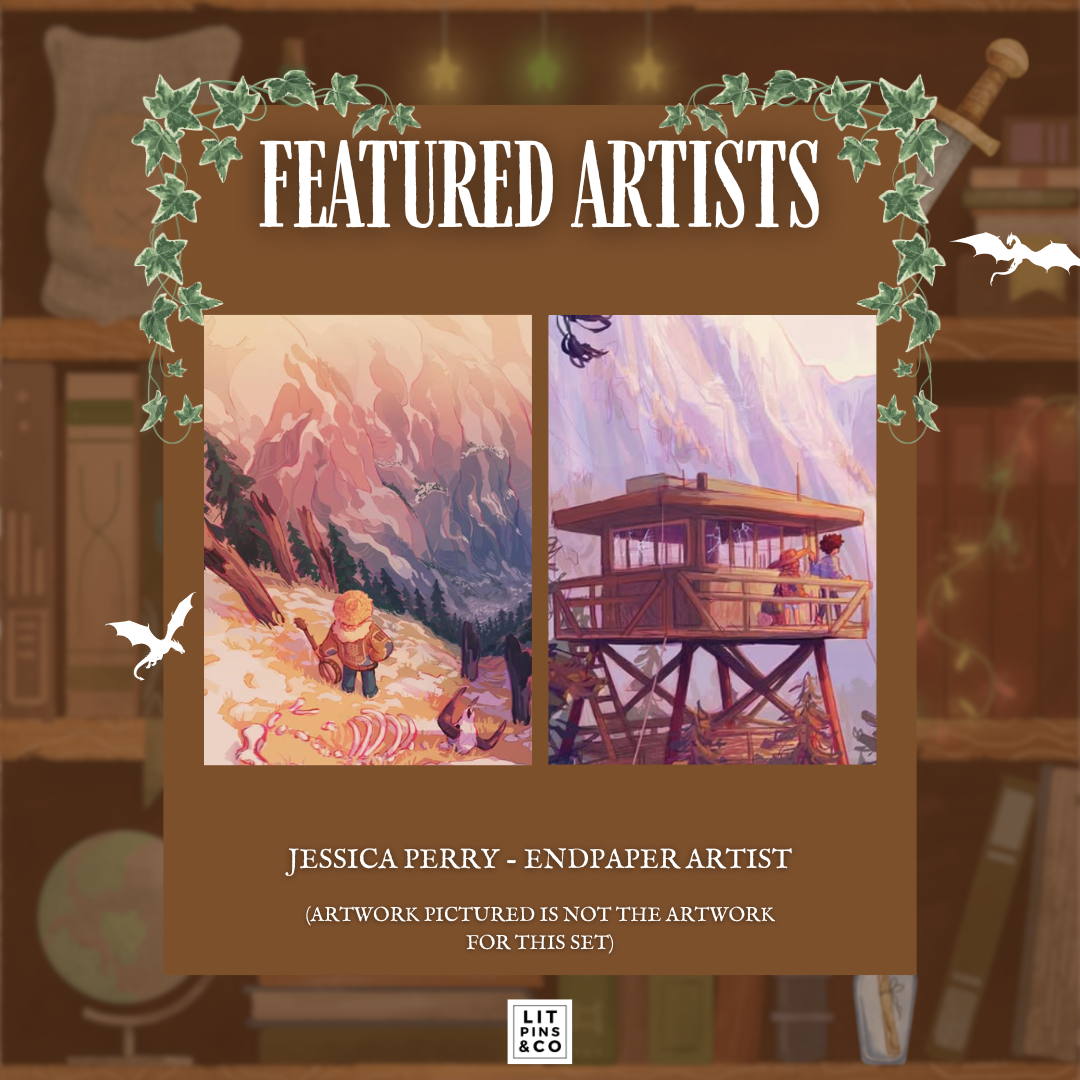 Promotional graphic for LitPins&Co's special edition set of the Tomes and Tea series showcasing the work of endpaper artist Jessica Perry. Artwork by Jessica is pictured against a brown bookshelf background.