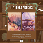 Promotional graphic for LitPins&Co's special edition set of the Tomes and Tea series showcasing the work of endpaper artist Jessica Perry. Artwork by Jessica is pictured against a brown bookshelf background.