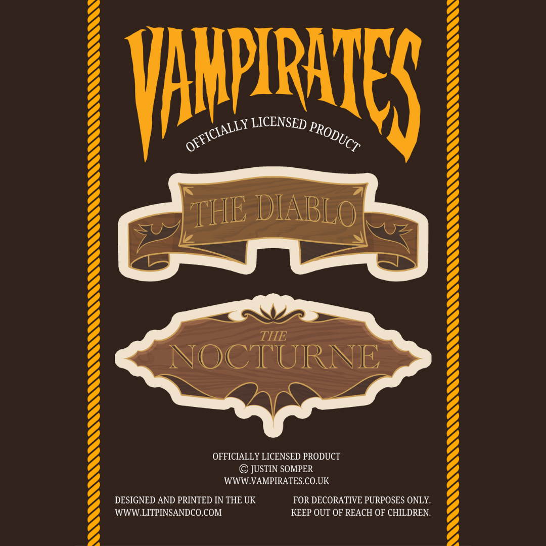 Officially licensed sticker sheet, featuring wooden name plates of two ships - The Diablo and The Nocturne