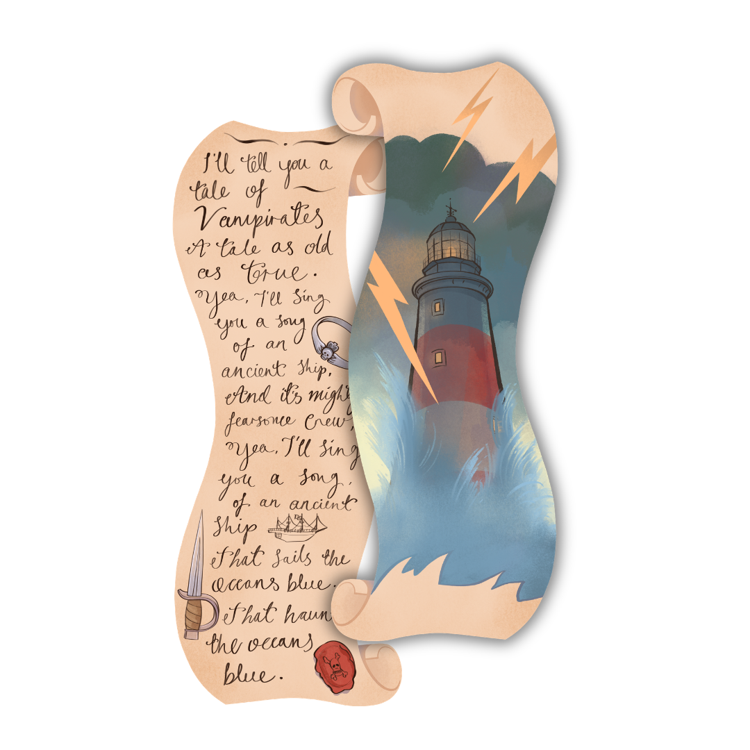 Officially licensed Vampirates bookmark. Bookmark is shaped like a scroll and features a lighthouse and the Vampirates tale.