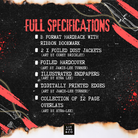A black full-specifications sheet with distressed edges, red title text reading 'FULL SPECIFICATIONS,' and a bulleted list of deliverables including two foiled dust jackets, illustrated endpapers, digitally printed edges, and 12 page overlays. Small red paint strokes and illustrated graphics appear around the edges.