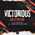Promotional graphic for the 'Victorious Collector's Box' book collection, featuring distressed white and red typography on a black textured background with torn paper edges and knife illustrations.