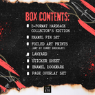 A black textured box contents graphic with red and white text listing included items: an enamel pin set, foiled art prints by Corey Brickley, a lanyard, a sticker sheet, an enamel bookmark, and a page overlay set. The design includes distressed torn-paper edges, red brushstroke accents, knife line art, and a small 'Lit Pins & Co' logo at the bottom.