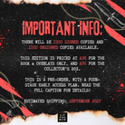 A promotional graphic with a distressed black background, white and red text, and illustrated knives along the top and bottom edges. The text announces 1000 signed and 1000 unsigned copies, pricing for the book and collector's box, a pre-order early access plan, and estimated shipping in September 2027.