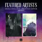 Two illustrated covers with a purple gradient background, featuring text about Erika Hollice as a printed cover artist.