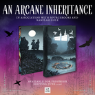 Promotional graphic for the LitPins&Co special edition of 'An Arcane Inheritance' with a purple and silver colour scheme, decorated with silhouettes of buildings and featuring a mockup of the hardcover.