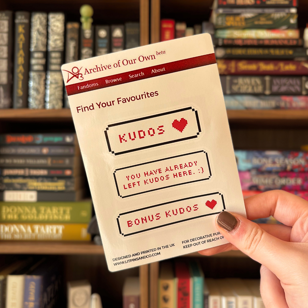 An Ao3 inspired sticker sheet, with three stickers reading "Kudos", "You Have Already Left Kudos Here", and "Bonus Kudos"
