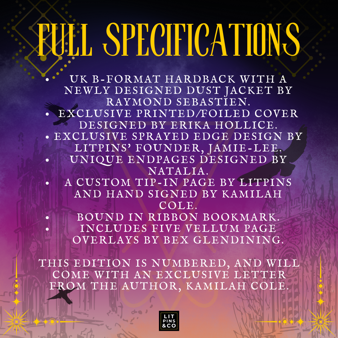 Promotional graphic for the LitPins&Co special edition of 'An Arcane Inheritance' with a purple and gold colour scheme, decorated with a golden symbols and silhouettes of buildings.