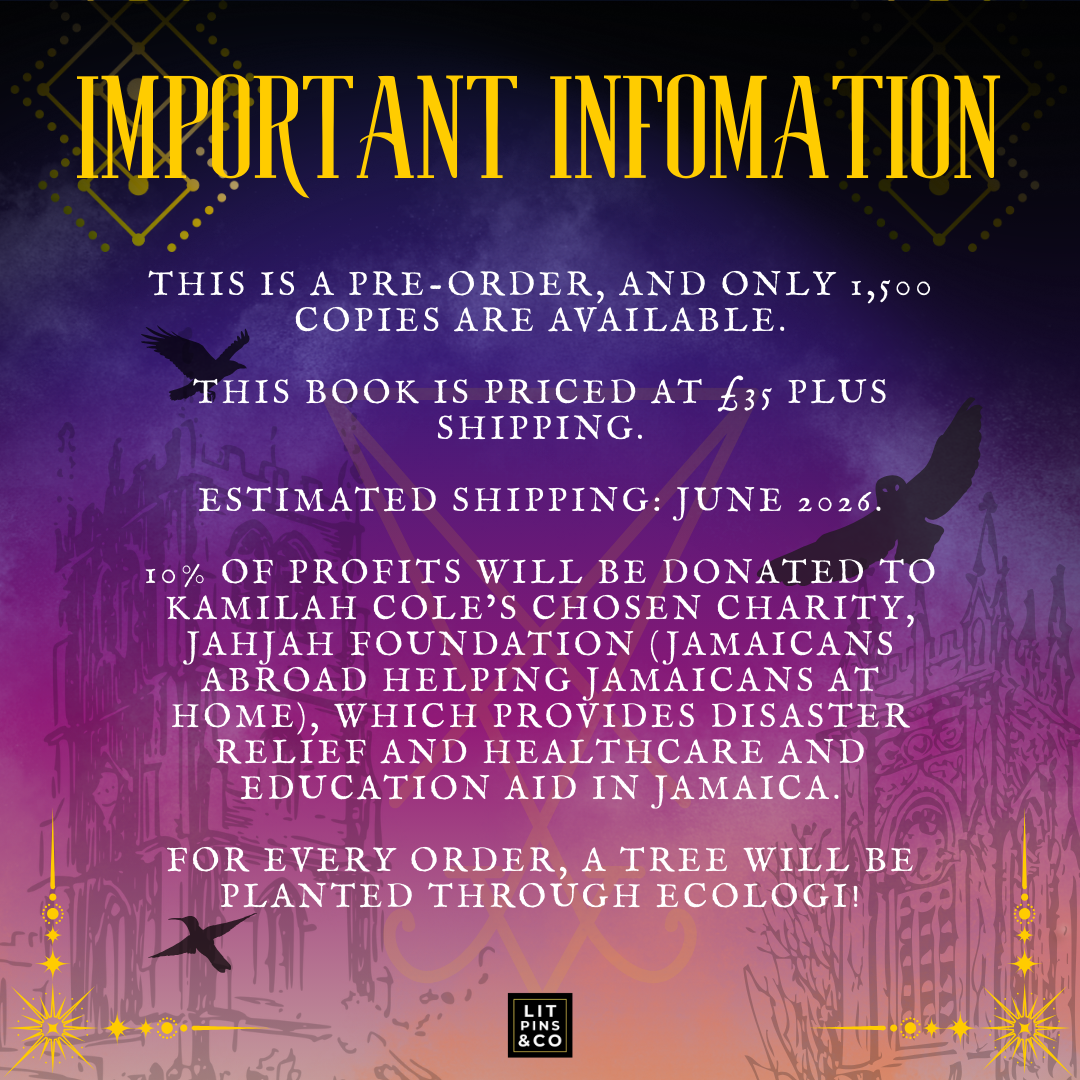 Promotional graphic for the LitPins&Co special edition of 'An Arcane Inheritance' with a purple and gold colour scheme, decorated with a golden symbols and silhouettes of buildings.