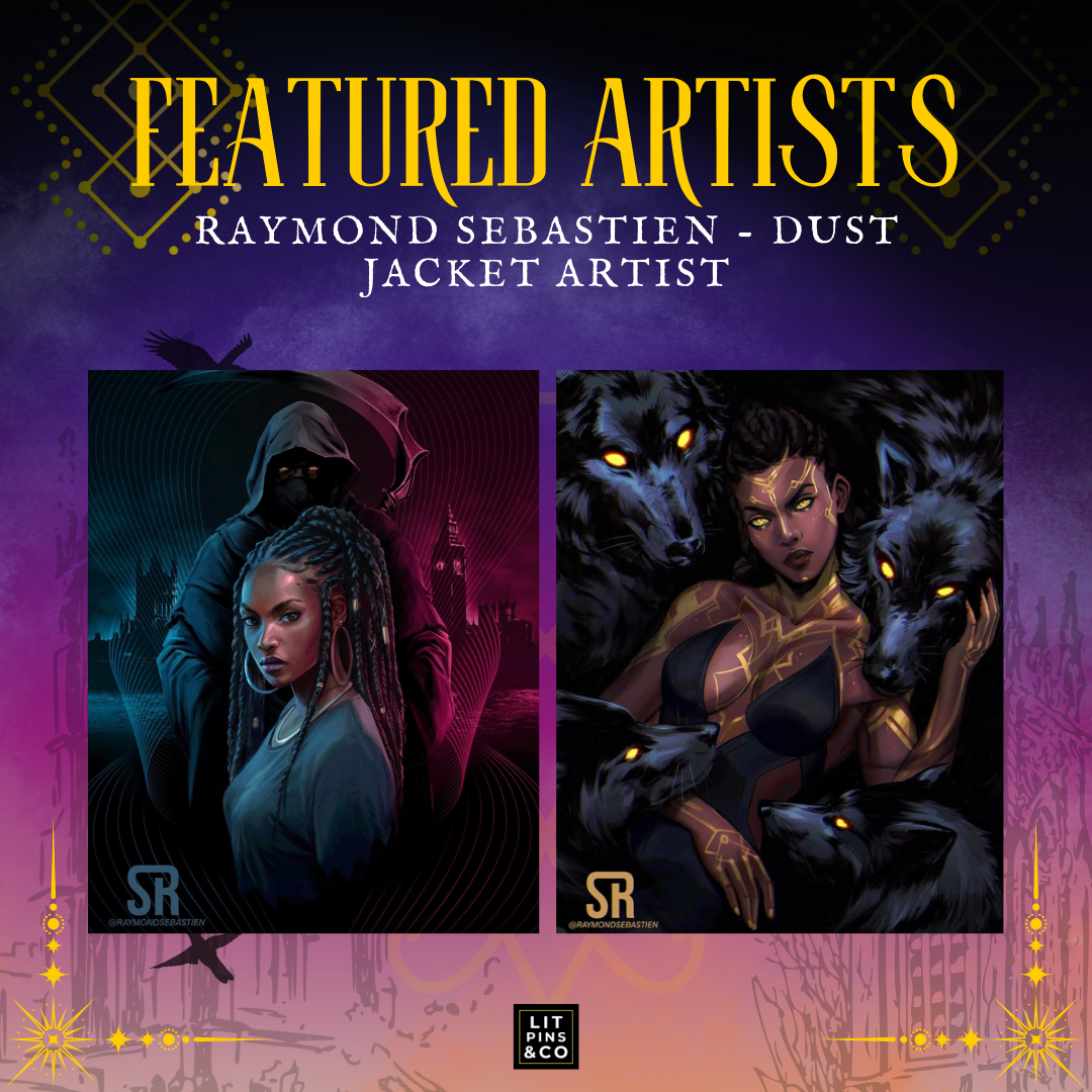 Promotional graphic for the LitPins&Co special edition of 'An Arcane Inheritance' with a purple and gold colour scheme, decorated with a golden symbols and silhouettes of buildings. Graphic displays past artwork by dust jacket artist Raymond Sebastien.