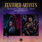 Promotional graphic for the LitPins&Co special edition of 'An Arcane Inheritance' with a purple and gold colour scheme, decorated with a golden symbols and silhouettes of buildings. Graphic displays past artwork by dust jacket artist Raymond Sebastien.