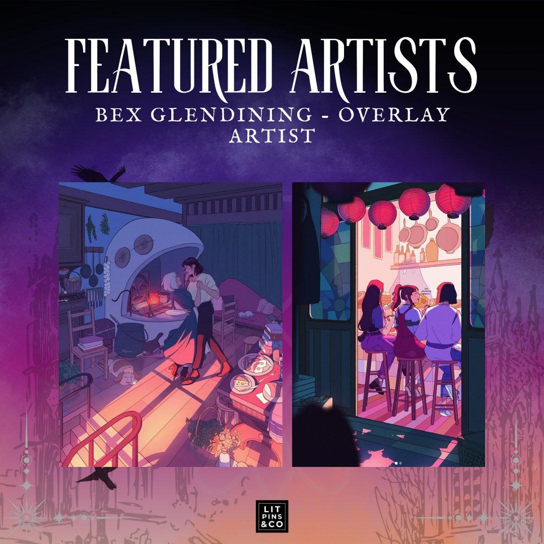 Promotional graphic for featured artist Bex Glendining with two illustrated scenes