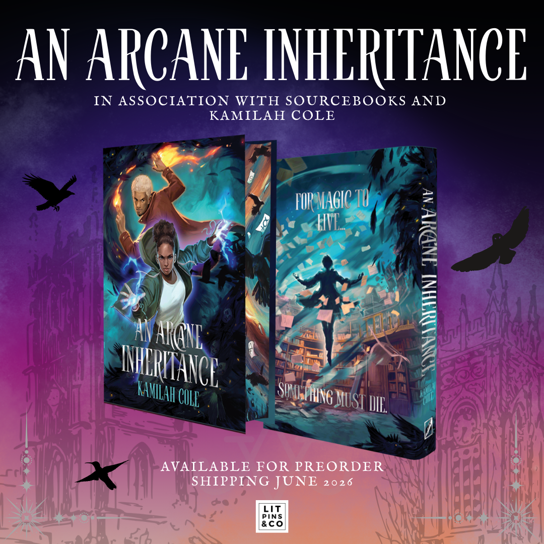 Promotional graphic for the LitPins&Co special edition of 'An Arcane Inheritance' with a purple and silver colour scheme, decorated with silhouettes of buildings and featuring a mockup of the cover.