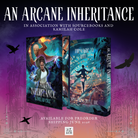 Promotional graphic for the LitPins&Co special edition of 'An Arcane Inheritance' with a purple and silver colour scheme, decorated with silhouettes of buildings and featuring a mockup of the cover.