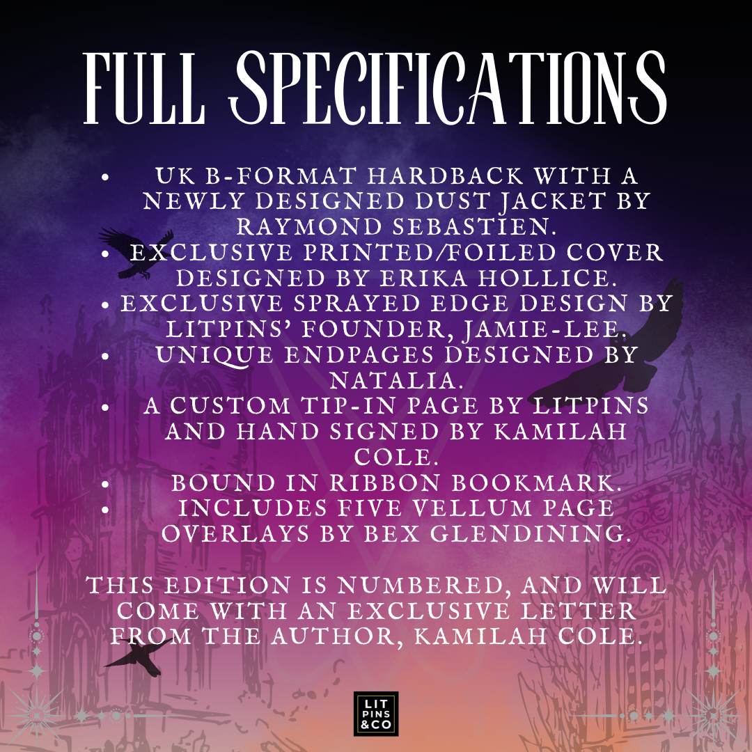 Promotional graphic for the LitPins&Co special edition of 'An Arcane Inheritance' with a purple and silver colour scheme, decorated with silhouettes of buildings. Text outlines the full specifications of the edition.