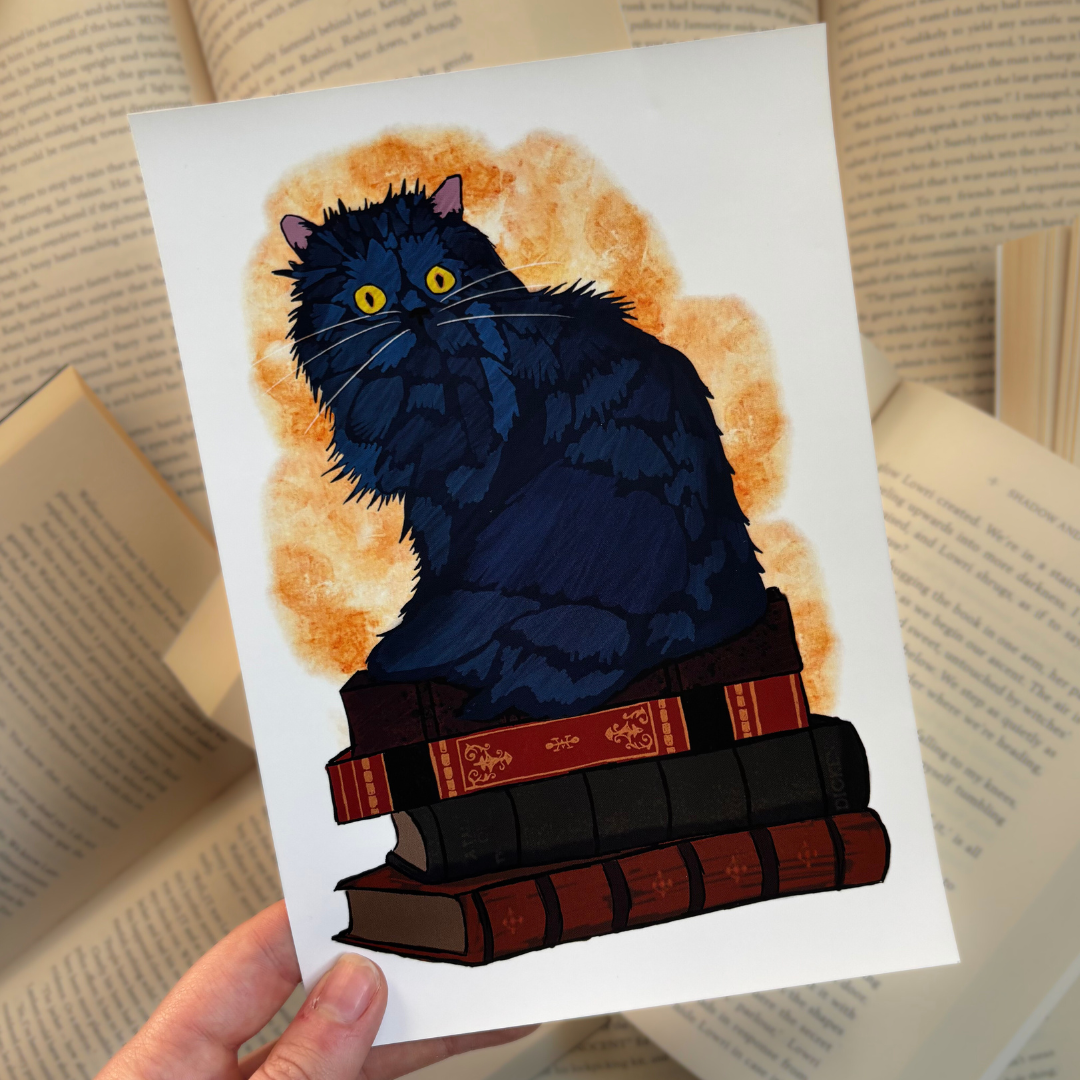 Illustration of a black cat on books held over an open book. Inspired by Church, from Cassandra Clare's Shadowhunter Chronicles