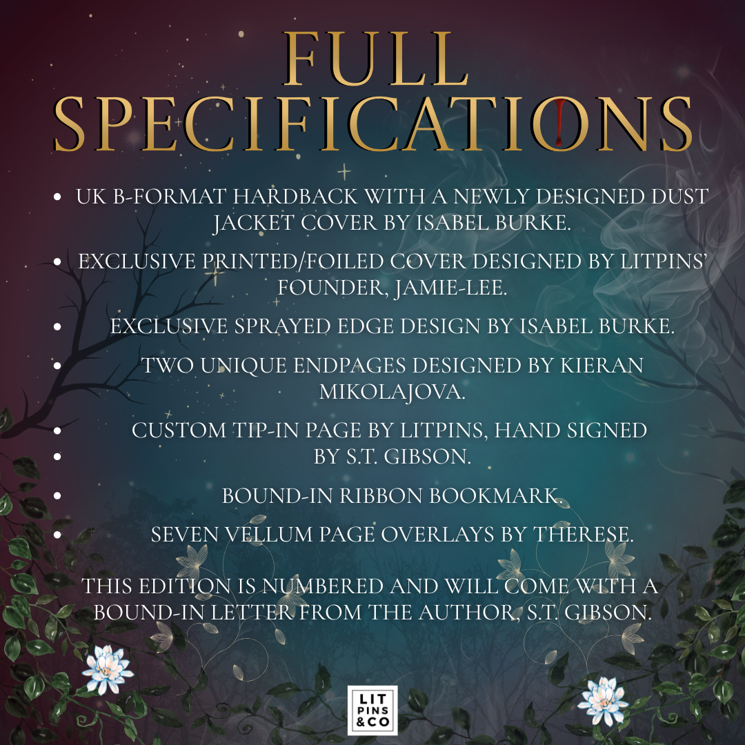 Promotional graphic for LitPins&Co's edition of 'An Education in Malice' featuring gold and white text on a blue and red background decorated with a moon, a ribbon, and flowers.