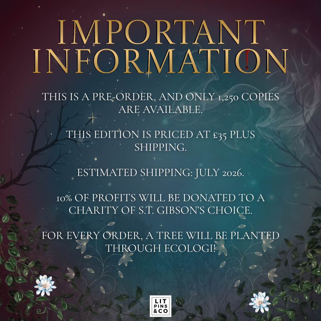 Promotional graphic for LitPins&Co's edition of 'An Education in Malice' featuring gold and white text on a blue and red background decorated with a moon, a ribbon, and flowers.