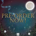 Promotional graphic for LitPins&Co's edition of 'An Education in Malice' featuring gold text reading "Pre-order now!" on a blue and red background decorated with a moon, a ribbon, and flowers.