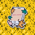 Sticker inspired by Heartstopper by Alice Oseman, shaped like a phone and reading "[gay panic]", with heartstopper leaves around the edge. 