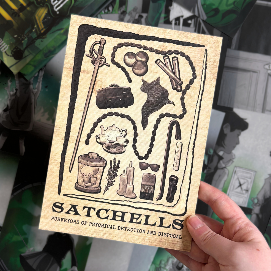 Official Lockwood&Co ghost hunting supplies print, photographed against a background of Lockwood&Co page overlays