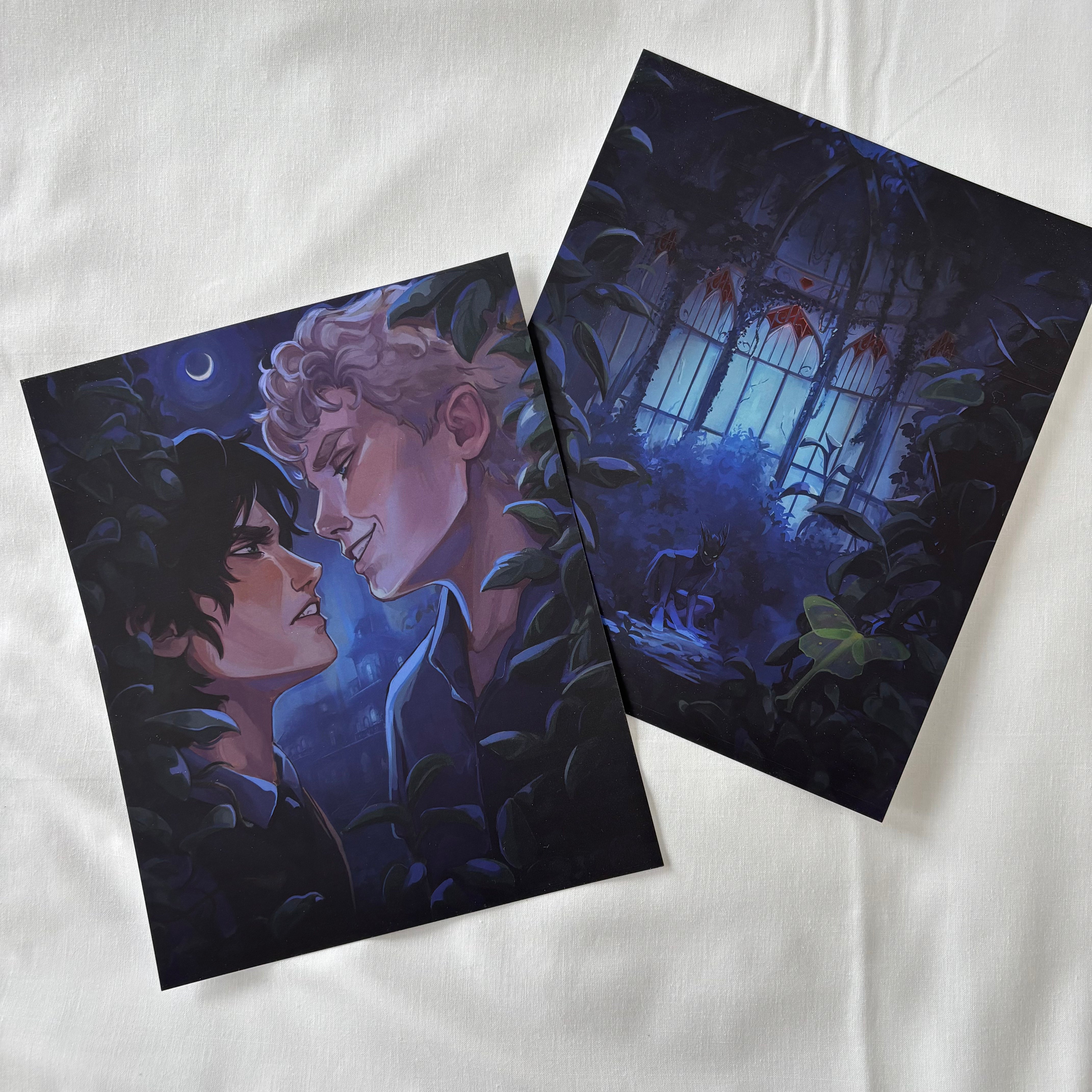 Two illustrated cards featuring characters and a dark, mystical setting from CG Drews' Hazelthorn on a white background.