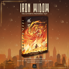 Digital mockup for the LitPins&Co Legacy Edition of Iron Widow by Xiran Jay Zhao. The cover features a dramatic fiery scene with the main character and a mech, and has typography in Chinese and English. The mockup is featured on an orange/brown gradient background which is decorated with stars and a burning cityscape.