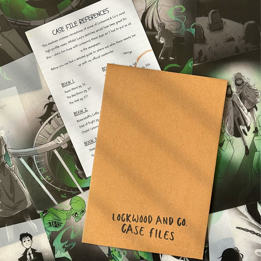 Brown envelope with 'Lockwood and Co. Case Files' on a background of illustrated overlays.