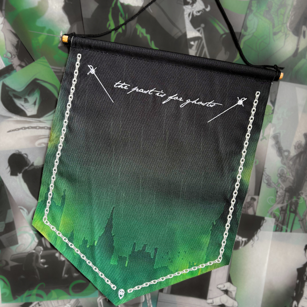 Official Lockwood&Co green and black pin banner with text reading "the past is for ghosts", displayed on a background of our Lockwood&Co page overlays.
