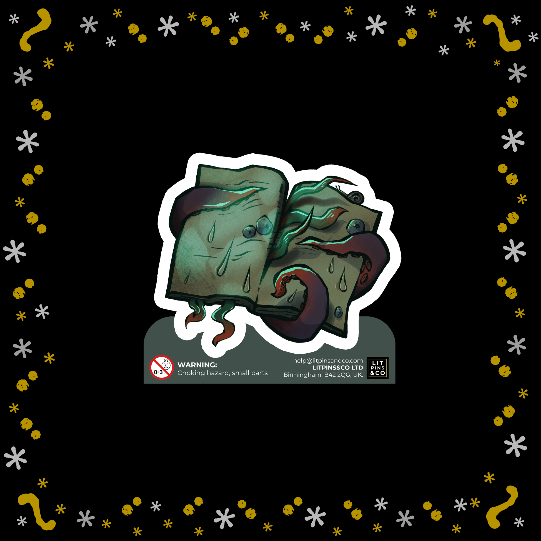 A die-cut vinyl sticker of a book with a green and purple tentacle-like creature crawling out, shown on a black background with a decorative yellow, white, and gold border.