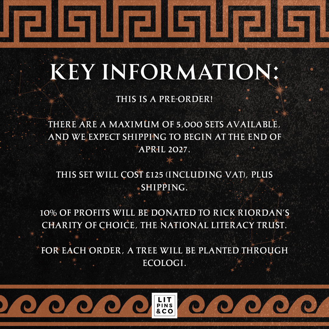 A black promotional graphic with a Greek key border at the top and bottom, white text reading 'KEY INFORMATION:' and details about a pre-order set, plus a small 'LIT PINS & CO' logo at the bottom.