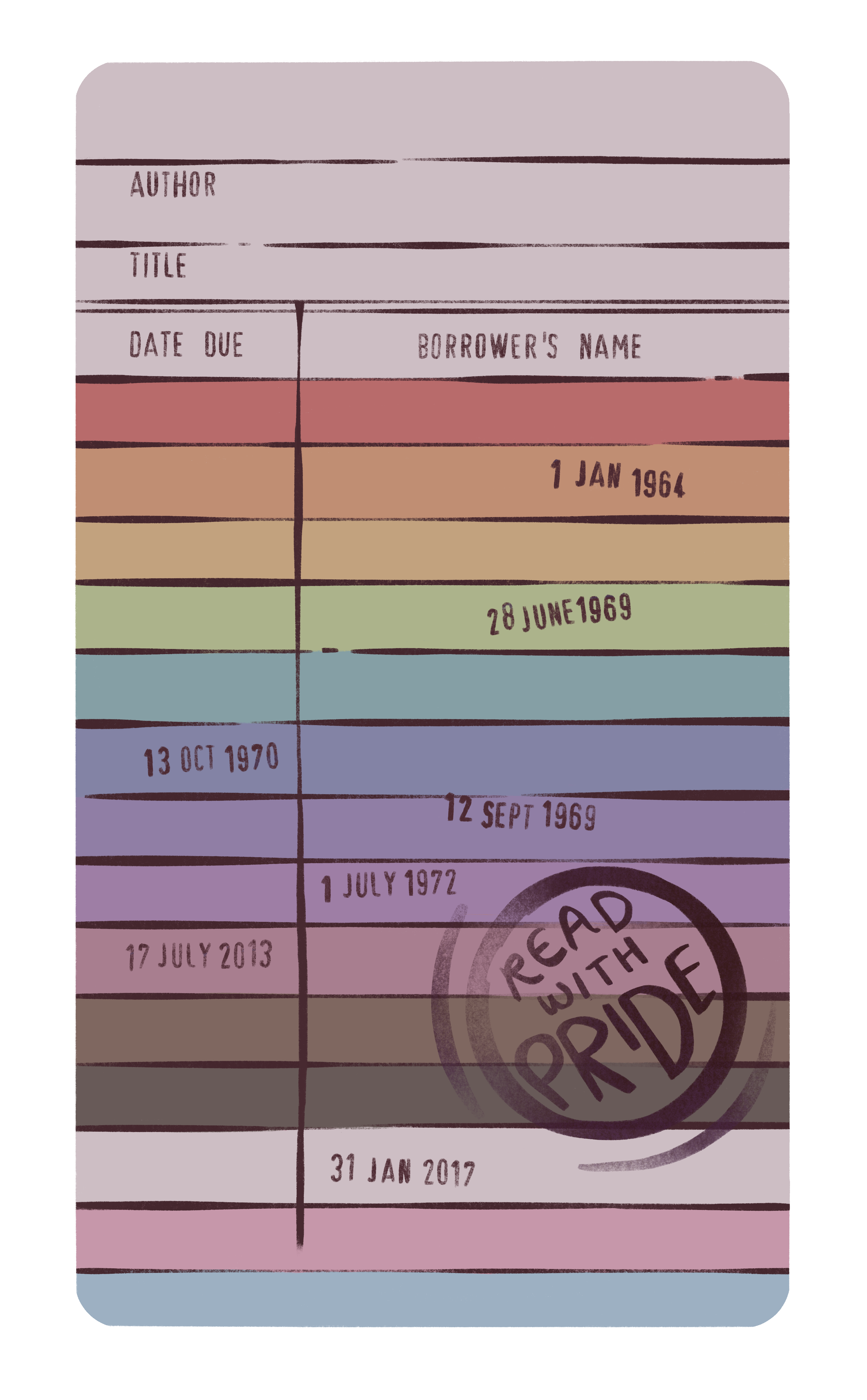 Colourful library card with text and a 'Read with Pride' stamp