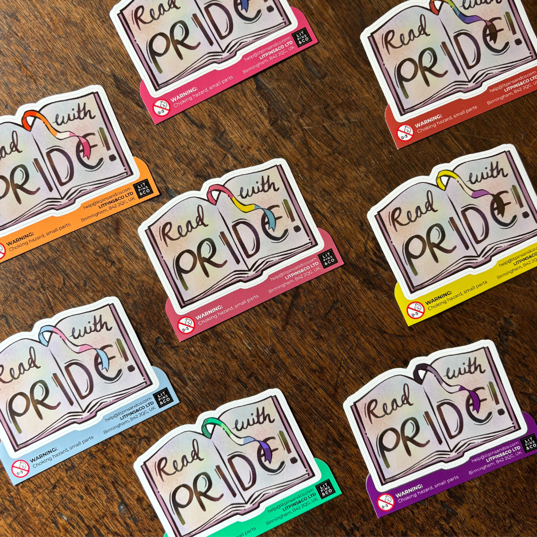 Book-shaped stickers with the text "Read with pride" decorated in colours of various pride flags
