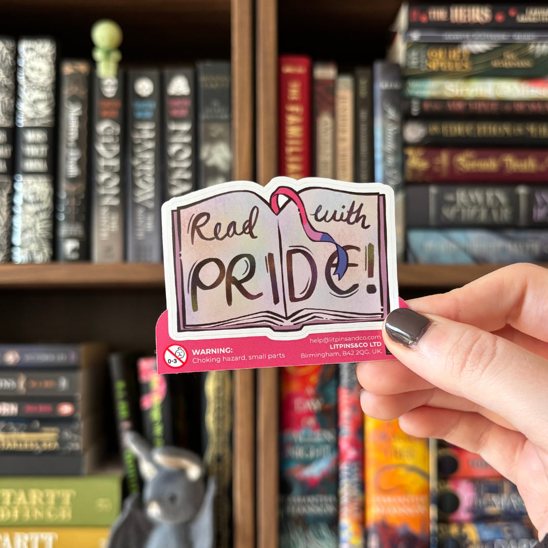 Book-shaped sticker with the text "Read with pride" decorated in colours of various pride flags