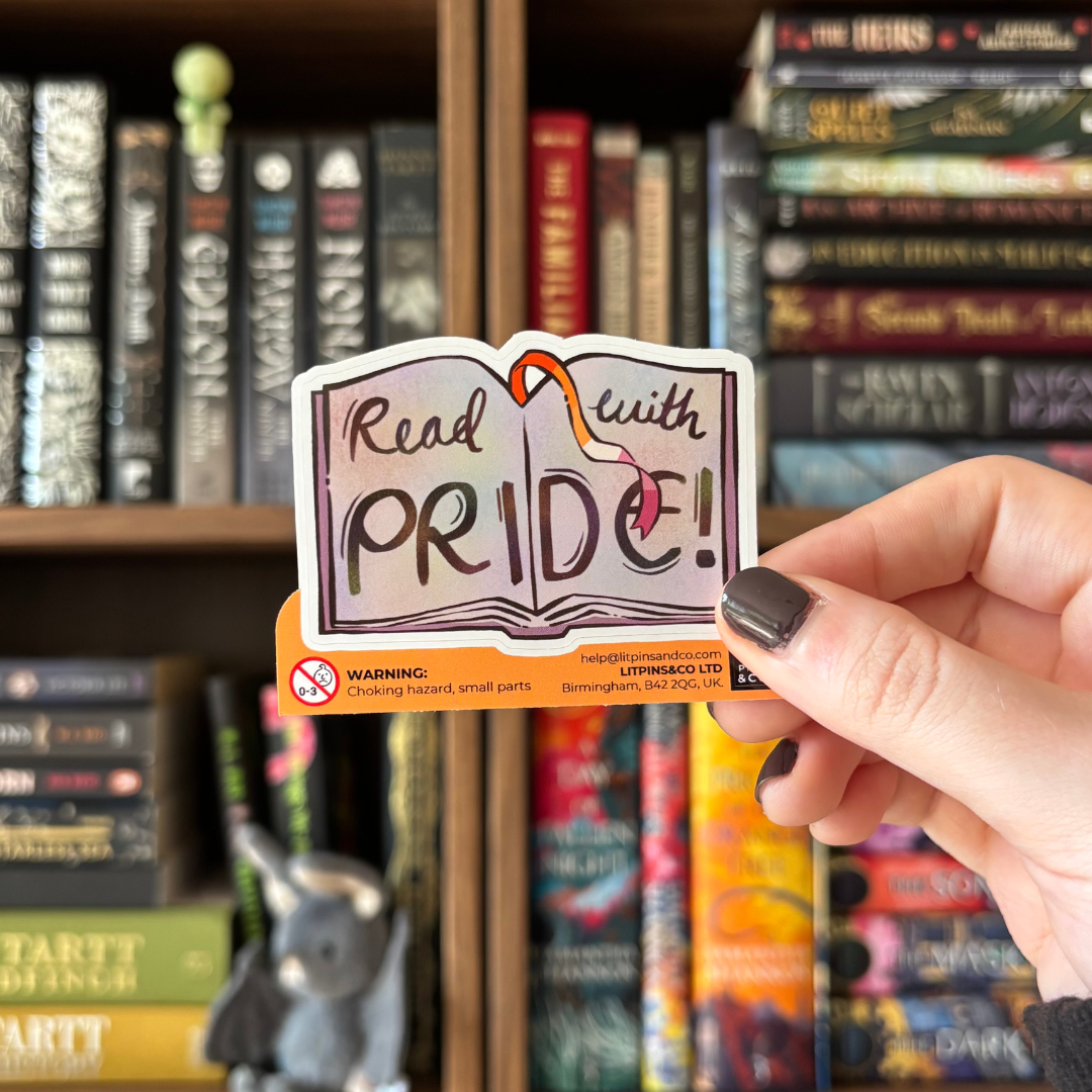 Book-shaped sticker with the text "Read with pride" decorated in colours of various pride flags