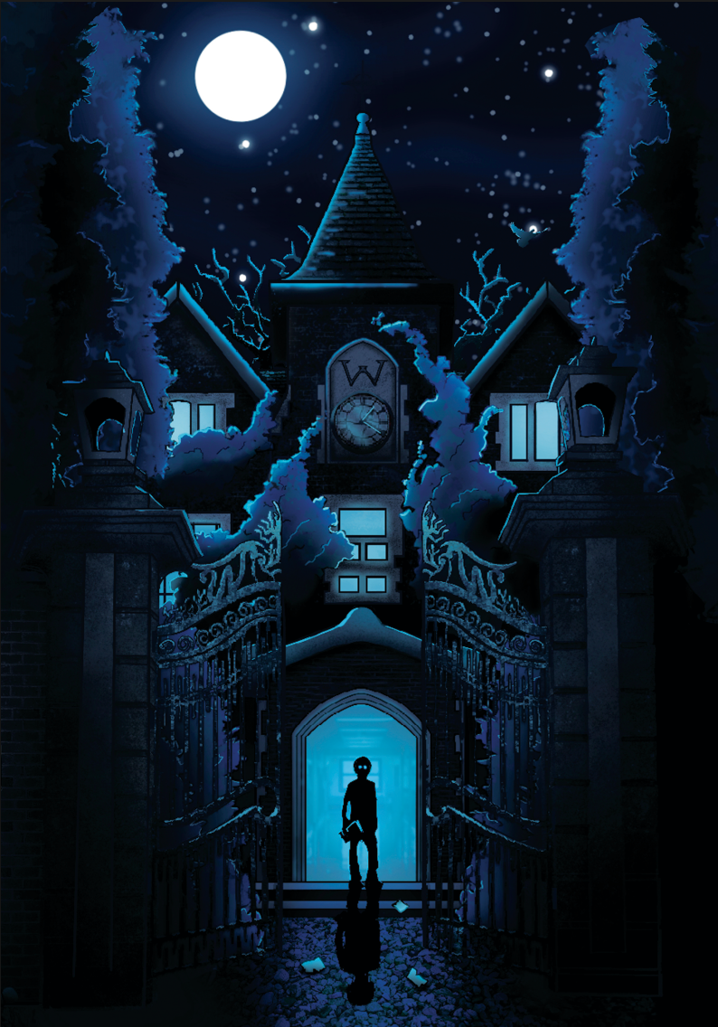 Silhouette of a person standing in front of a haunted school at night with a full moon.