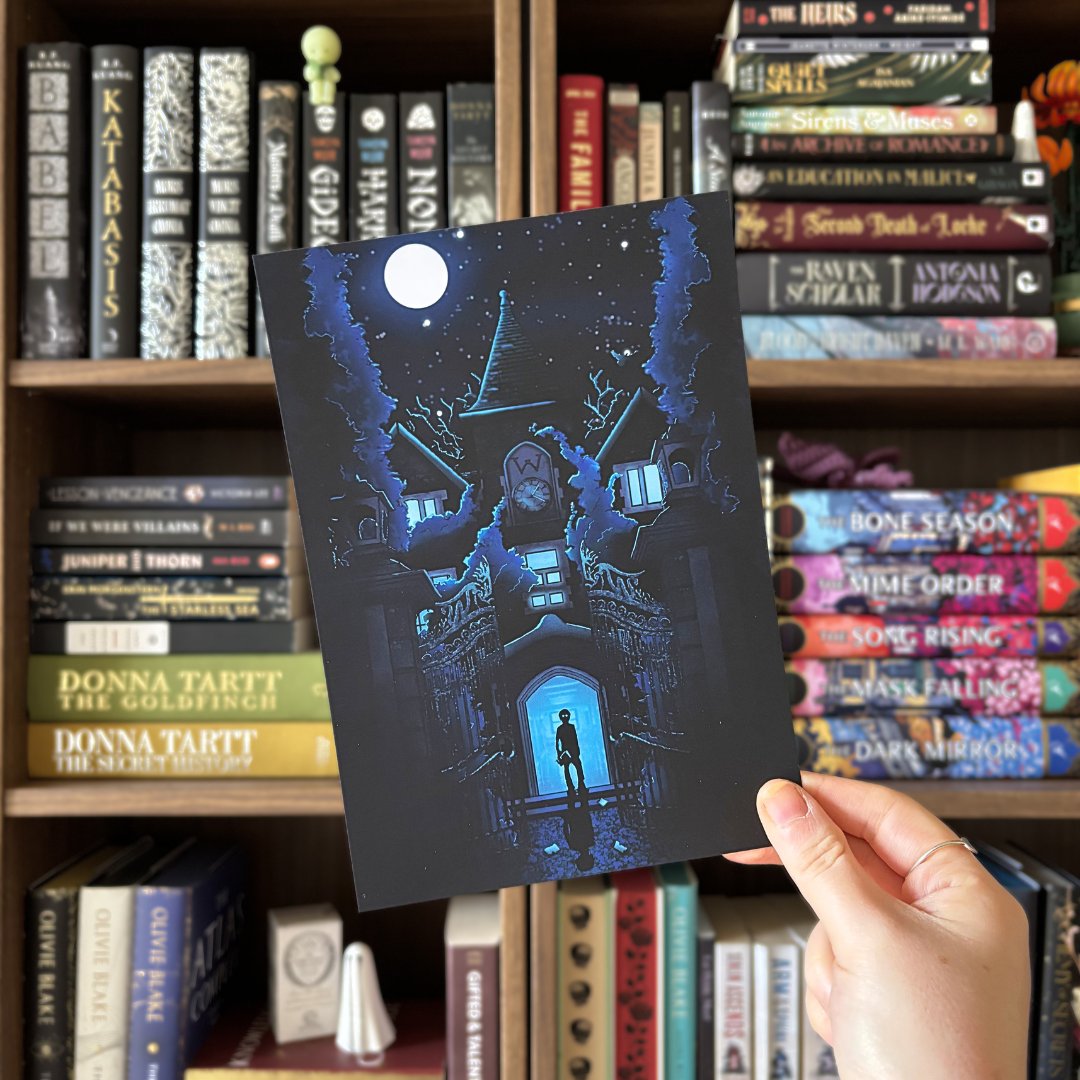 Officially licensed CG Drews art print. Features a blue toned illustration of a silhouette of a person stood in front of a building. 