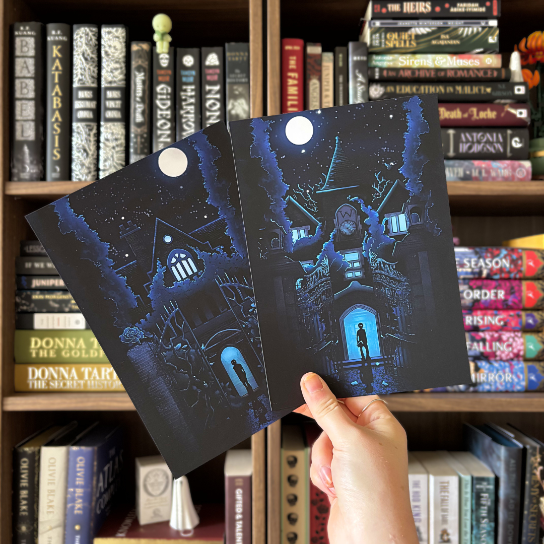 Officially licensed CG Drews art prints. Feature blue toned illustrations of a silhouette of a person stood in front of a building. 