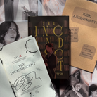 Two copies of the LitPins&Co special edition of The Incandescent, one pictured shut and the other open to the signed tip-in page. The books are on a background of page overlays.