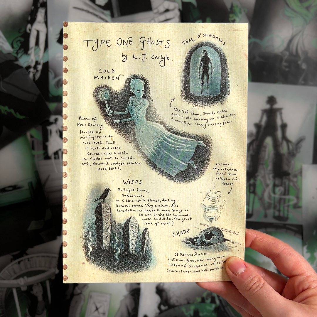 Officially licensed Lockwood&Co ghost art print, illustrated by Gina Stroud. Held against a background of Lockwood&Co page overlays.