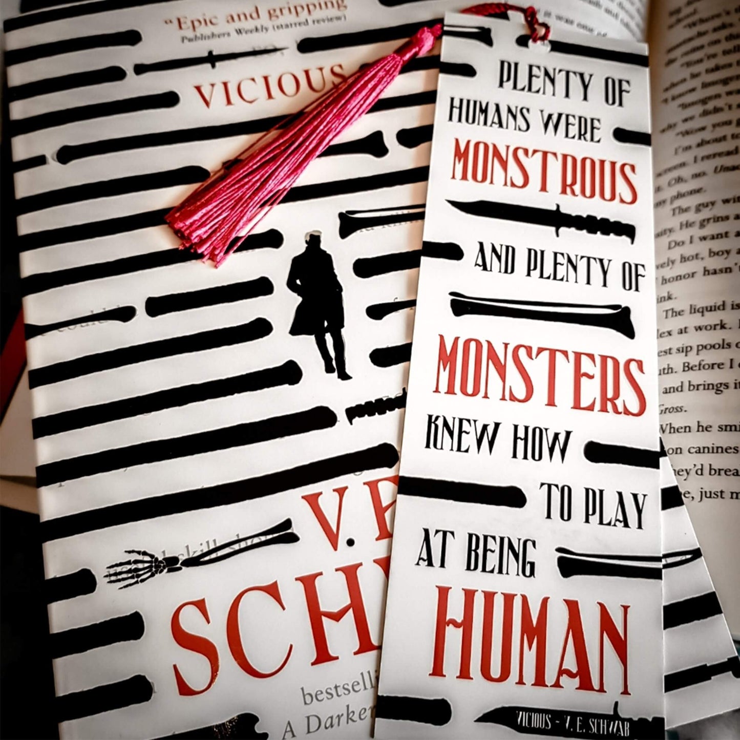 Plenty of Humans Were Monstrous. Vicious by V.E Schwab inspired bookmark with a red tassel. 